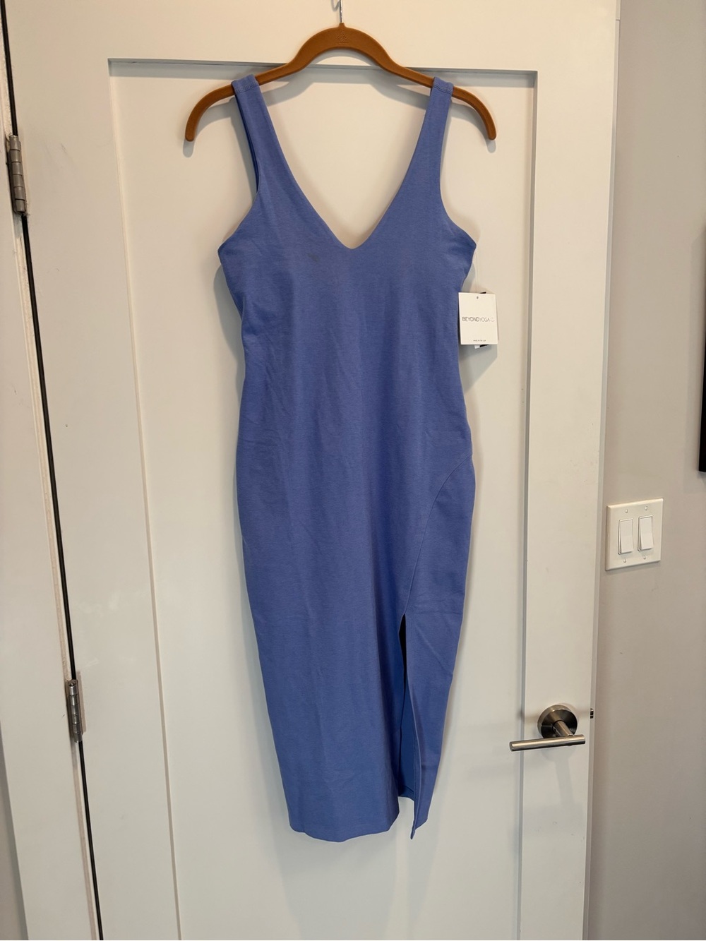 Beyond Yoga Periwinkle V-Neck Midi Dress with Front Slit
